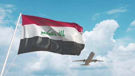 Airliner approaches the national flag. Tourism related 3Dの写真素材