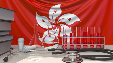 Clinic laboratory equipment on flag background. Healthcare and medical research in Hong Kong related conceptual 3D renderingの写真素材