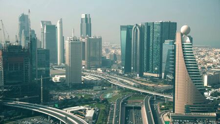 DUBAI, UNITED ARAB EMIRATES - DECEMBER 30, 2019. Aerial view of Sheraton and Conrad hotels within...