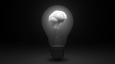 Glowing brain inside a light bulb. Idea or insight related conceptual 3Dの写真素材
