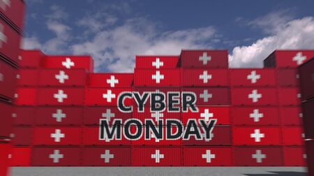 Containers with CYBER MONDAY text and flags of Switzerland. Swiss online commerce related 3D renderingの写真素材