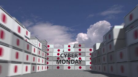 Containers with CYBER MONDAY text and flags of Japan. Japanese online commerce related 3D renderingの写真素材