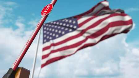 Opening boom barrier with stop sign against the American flag. Free entry or lifting a ban in the...