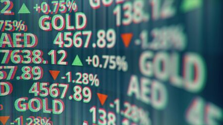Fictional stock and gold tickers on the screen, 3D renderingの写真素材