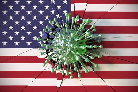Virus crashes wall with flag of the USA. Coronavirus pandemic related conceptual 3D renderingの写真素材
