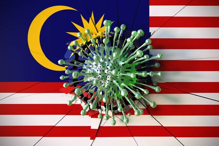 Virus breaks wall with flag of Malaysia. Coronavirus outbreak related conceptual 3D renderingの写真素材