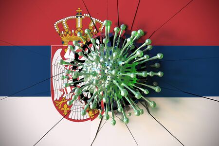 Virus crashes wall with flag of Serbia. Coronavirus pandemic related conceptual 3D renderingの写真素材