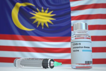 New coronavirus vaccine with flag of Malaysia as a background. Malaysian Medical research and vaccination, 3D renderingの写真素材