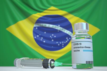 Coronavirus vaccine and syringe on the Brazilian flag background. Medical research and vaccination in Brazil, 3D renderingの写真素材