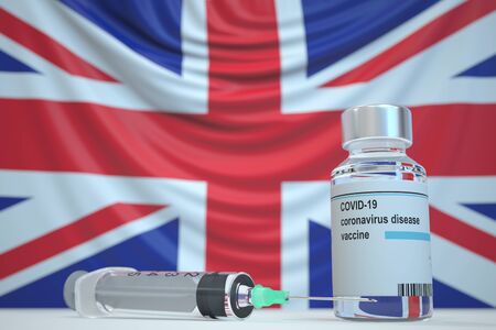 New coronavirus vaccine with flag of the UK as a background. British medical research and vaccination, 3D renderingの写真素材