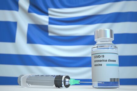 Coronavirus vaccine and syringe on the Greek flag background. Medical research and vaccination in Greece, 3D renderingの写真素材