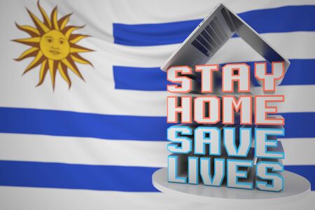 STAY HOME SAVE LIVES text and open laptop against the flag. COVID-19 outbreak self-isolation 3Dの写真素材