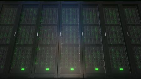 Realistic server racks in modern server room, 3D rendering
