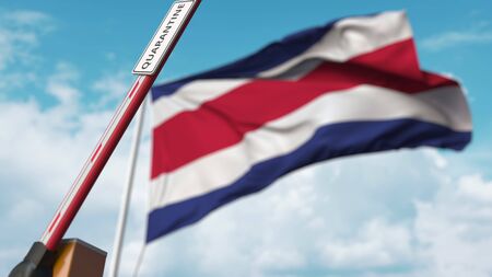 Barrier gate with QUARANTINE sign being open with flag of Costa Rica as a background. Costa Rican Lockdown end. 3D renderingの写真素材