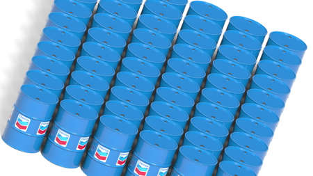 Many steel drums or industrial barrels with Chevron Corporation logo. Editorial 3D renderingのeditorial素材