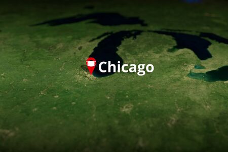 Chicago, United States geotag with face mask, COVID-19 coronavirus disease self-isolation related 3D renderingの写真素材