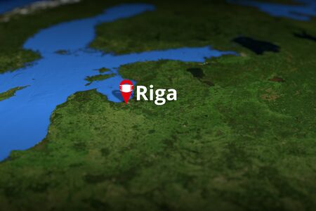 Riga, Latvia red city geotag with face mask, COVID-19 coronavirus disease self-isolation related 3D renderingの写真素材