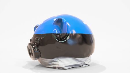 Deflating inflatable piggy bank with flag of Estonia. Estonian financial crisis related conceptual 3D renderingの写真素材