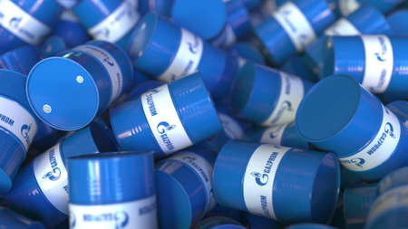 Drums or industrial barrels with Gazprom logo. Editorial 3D renderingのeditorial素材
