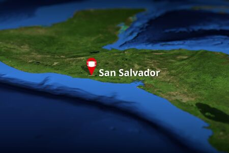 San Salvador, El Salvador geotag with face mask, COVID-19 coronavirus disease self-isolation related 3D renderingの写真素材