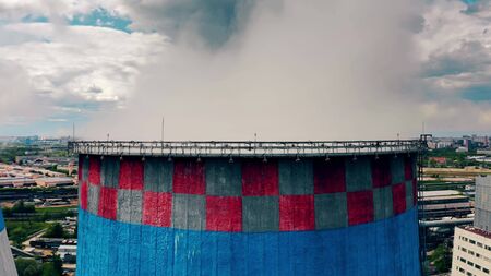 Aerial view of an industrial steaming cooling towerの写真素材