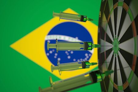 Coronavirus vaccine syringes on the Brazilian flag background. Medical research and vaccination in Brazil, 3D renderingの写真素材