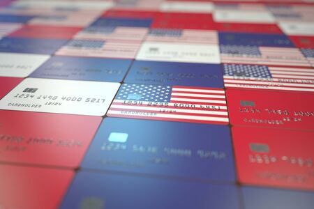 National flag of the United States on credit cards. Banking related 3D renderingの写真素材