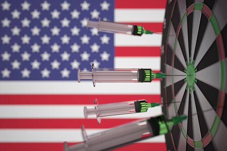 COVID-19 coronavirus disease vaccine syringes hit target against the American flag. Successful research and vaccination in the USA. Conceptual 3D renderingの写真素材