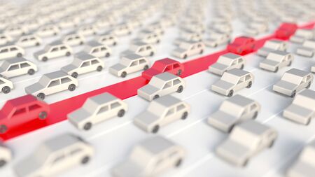 Red cars on red lane outpace rush hour traffic jam, conceptual 3D rendering