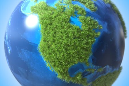 North America continent covered with green grass on the Earth globe. Ecological sustainable technology related conceptual 3D renderingの写真素材