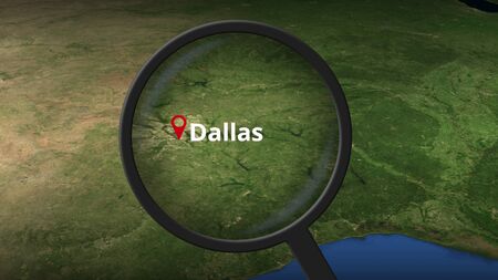 Magnifying glass finds Dallas city on the map, 3d rendering