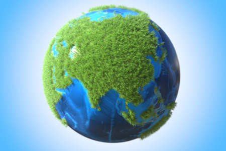 Asia continent covered with green grass on the globe. Ecology related conceptual 3D renderingの写真素材