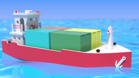 Toy cargo ship delivers multicolor containers with goods. Sea transportation or maritime transport...