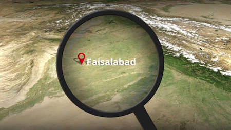 Loupe finds Faisalabad city on the map, 3d rendering