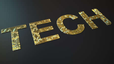 Gold bending wires form TECH word, 3d renderingの写真素材