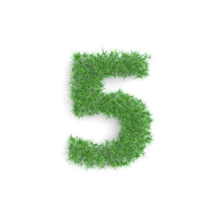 5 five number symbol made of green grass isolated on white background, part of the set. Sustainable technology or lifestyle related 3d renderingの写真素材