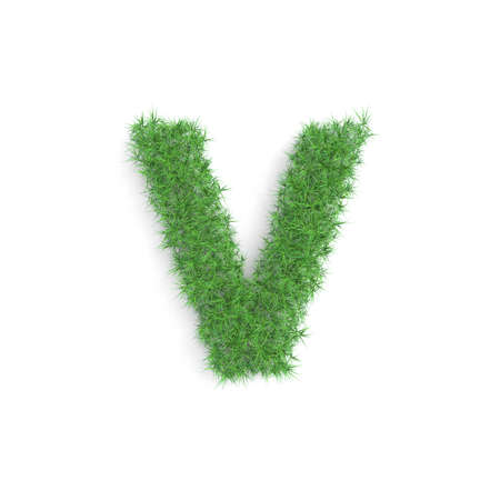 Letter V symbol made of green grass isolated on white background, part of the set. Sustainable technology or lifestyle related 3d renderingの写真素材