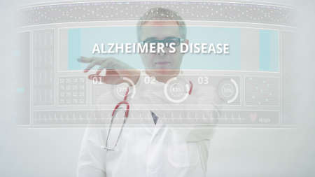 ALZHEIMERS DISEASE tab is scrolled by a doctor on a modern display