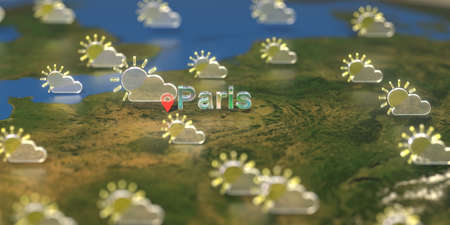 Partly cloudy weather icons near Paris city on the map, weather forecast related 3D rendering