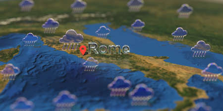 Rome city and rainy weather icon on the map, weather forecast related 3D renderingの写真素材