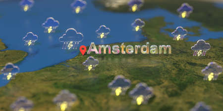 Amsterdam city and stormy weather icon on the map, weather forecast related 3D renderingの写真素材