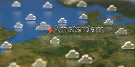 Amsterdam city and cloudy weather icon on the map, weather forecast related 3D renderingの写真素材