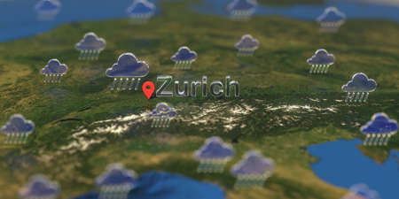 Zurich city and rainy weather icon on the map, weather forecast related 3D renderingの写真素材