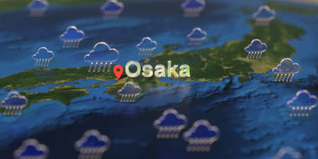 Rainy weather icons near Osaka city on the map, weather forecast related 3D rendering