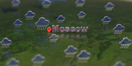 Rainy weather icons near Moscow city on the map, weather forecast related 3D rendering