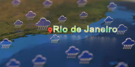 Rainy weather icons near Rio de Janeiro city on the map, weather forecast related 3D renderingの写真素材