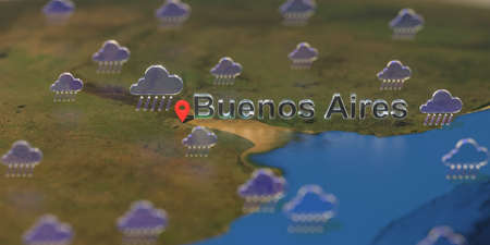 Rainy weather icons near Buenos aires city on the map, weather forecast related 3D rendering