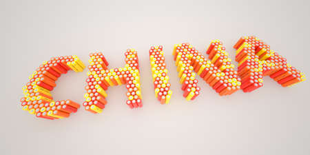 CHINA word made with batteries, wide shot. Modern electrical technologies conceptual 3d rendering