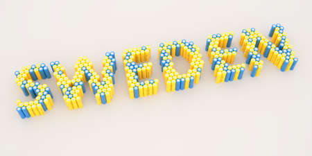 SWEDEN text made with many batteries. Electrical technologies related 3d renderingの写真素材