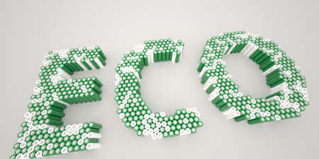 ECO word made with batteries, wide shot. Modern electrical technologies conceptual 3d renderingの写真素材